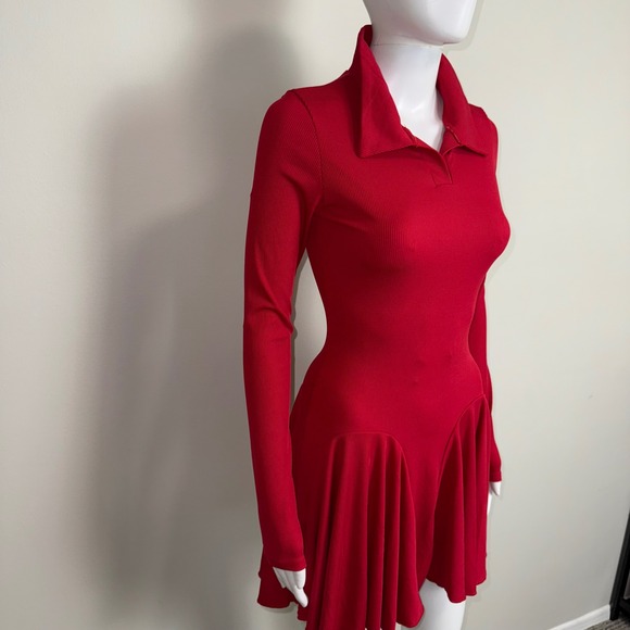 Commense Red Ribbed Knit Mini Dress Long Sleeve Polo Collar Fit and Flare Small - Picture 14 of 17